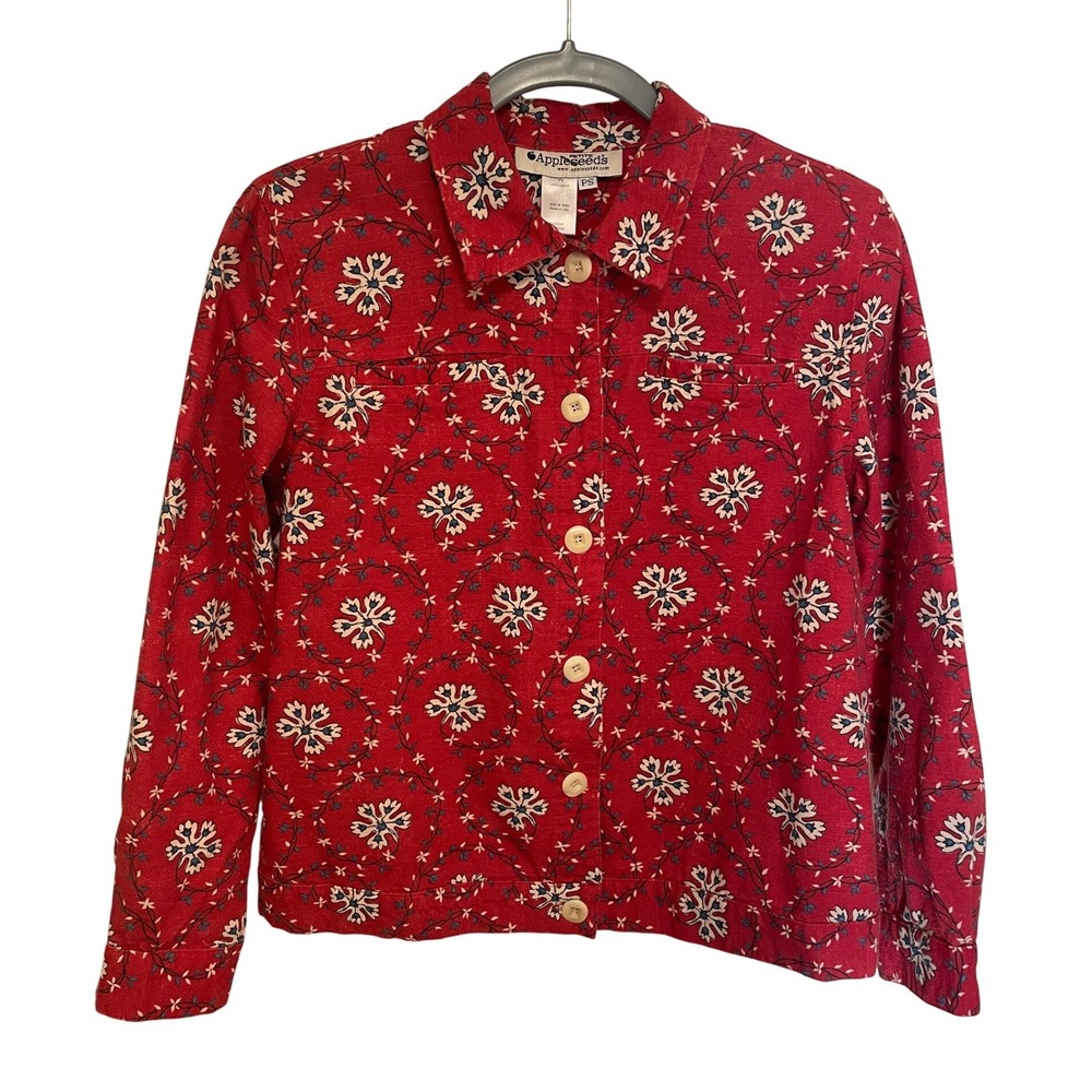 Vintage Appleseed's Cotton Jacket Red‎ Floral Button Front Petite Small PS EUC